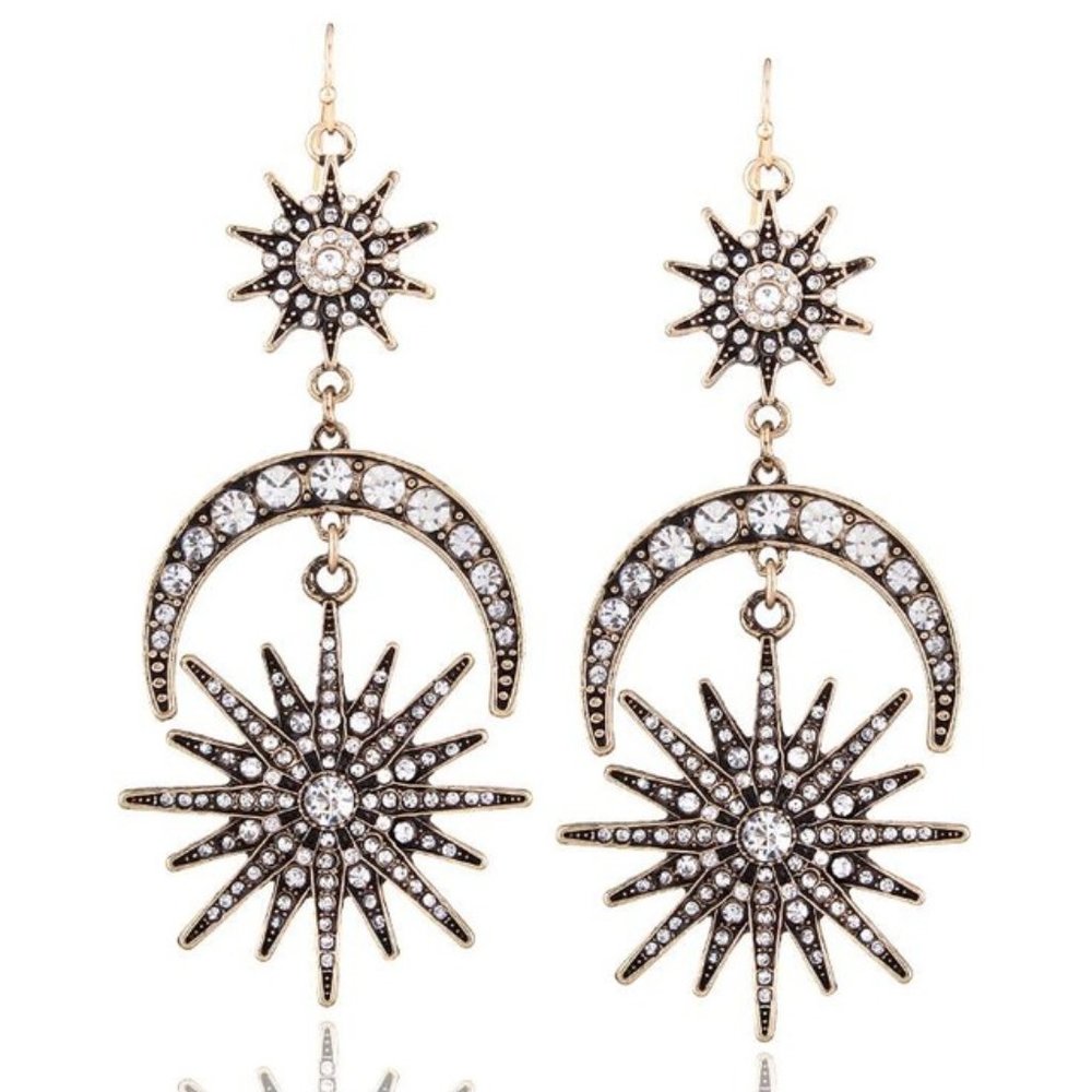 Boho Vintage Sun And Moon Star Big Earrings - Picture 3 of 15